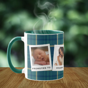 Personalised 4 Photo Promoted to Grandpa Plaid  Mug
