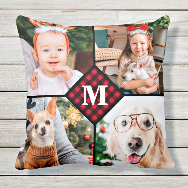 Personalised 4 Photo Red Buffalo Plaid Monogram Cushion (Creator Uploaded)