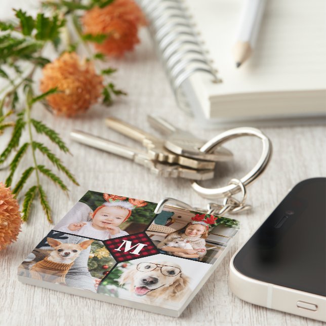 Personalised 4 Photo Red Buffalo Plaid Monogram  Key Ring (Front Right)