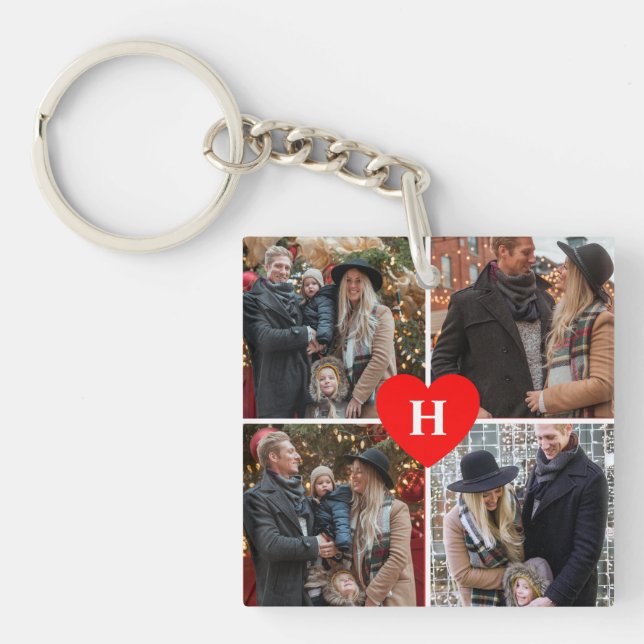 Personalised 4 Photo Red Heart Monogrammed Love Key Ring (Front)