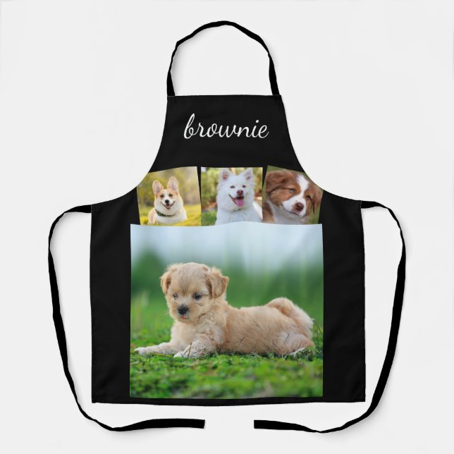 Personalised 4-Photo White Black Script Name Apron (Front)