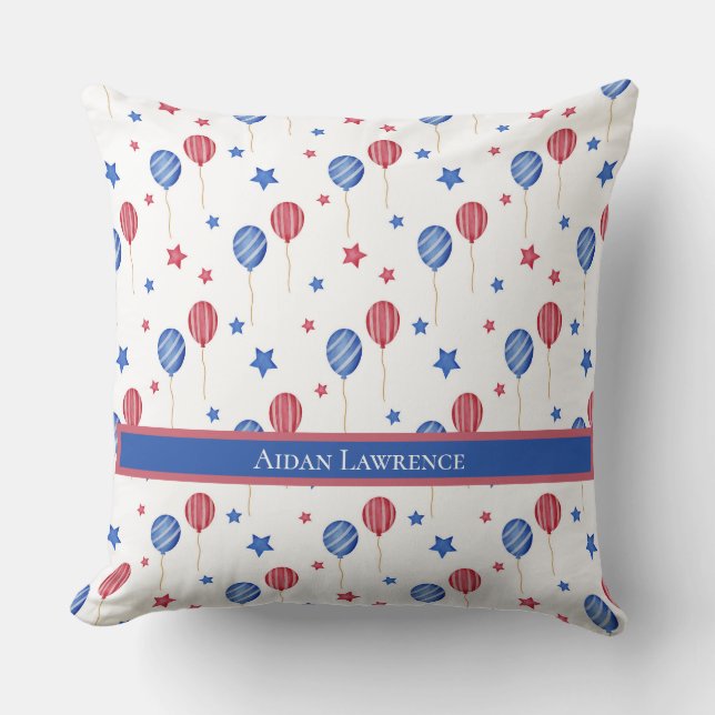 Personalised 4th July Balloons Blue Red Stars  Cushion (Front)