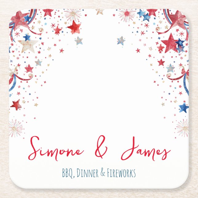 Personalised 4th of July Fireworks Party Decor Square Paper Coaster (Front)