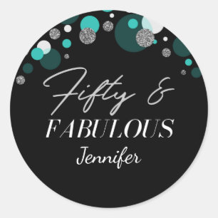 Personalised 50 and Fabulous Black and Teal    Classic Round Sticker