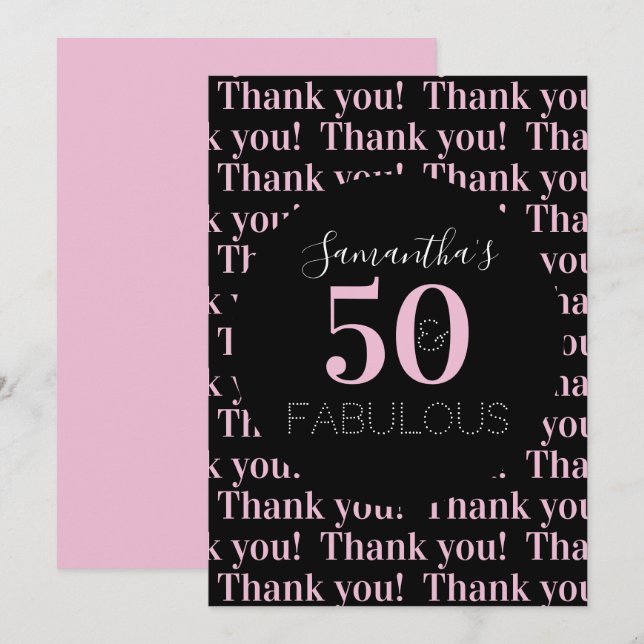 Personalised 50 and fabulous Black Pink Thank You Card (Front/Back)