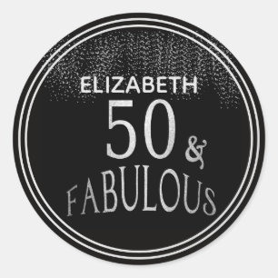 Personalised 50 and Fabulous Black Silver Glitter Classic Round Sticker