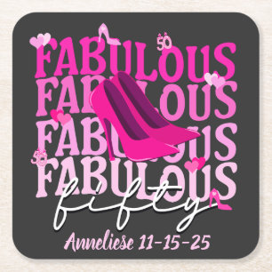 Personalised 50 and Fabulous Fifty Pink Birthday Square Paper Coaster