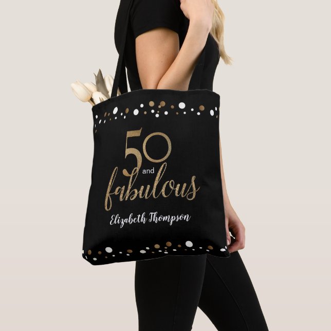 Personalised 50 and fabulous gold black confetti tote bag (Close Up)