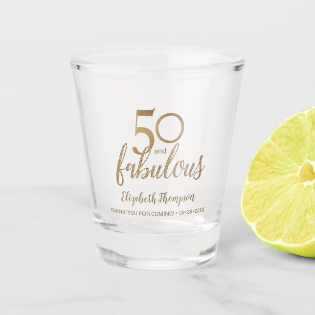 Personalised 50 and fabulous Gold Script Shot Glass (Front)