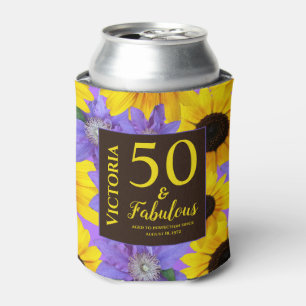 Personalised 50 & Fabulous Sunflower & Purple Can Cooler