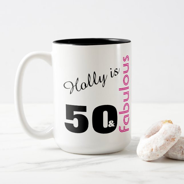 Personalised 50 & Fabulous Themed Birthday Gift Two-Tone Coffee Mug (With Donut)