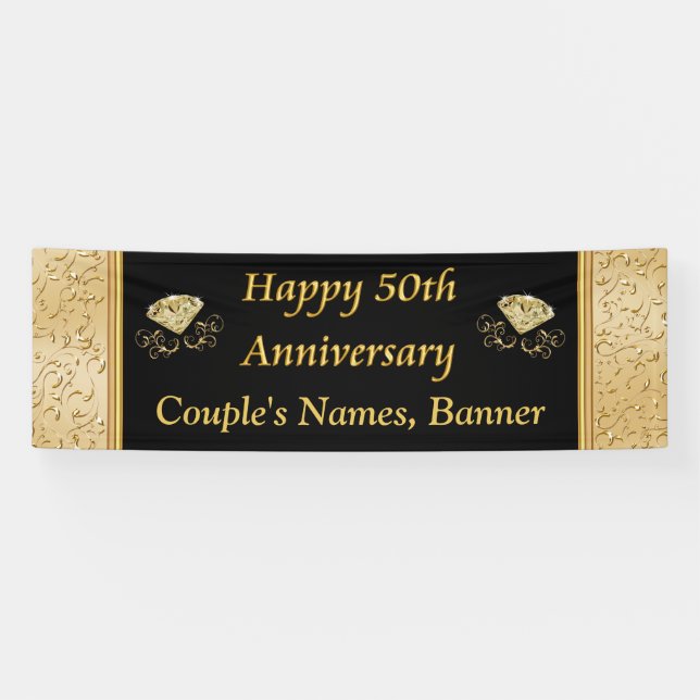 Personalised 50th Anniversary Banner, Black, Gold Banner (Horizontal)
