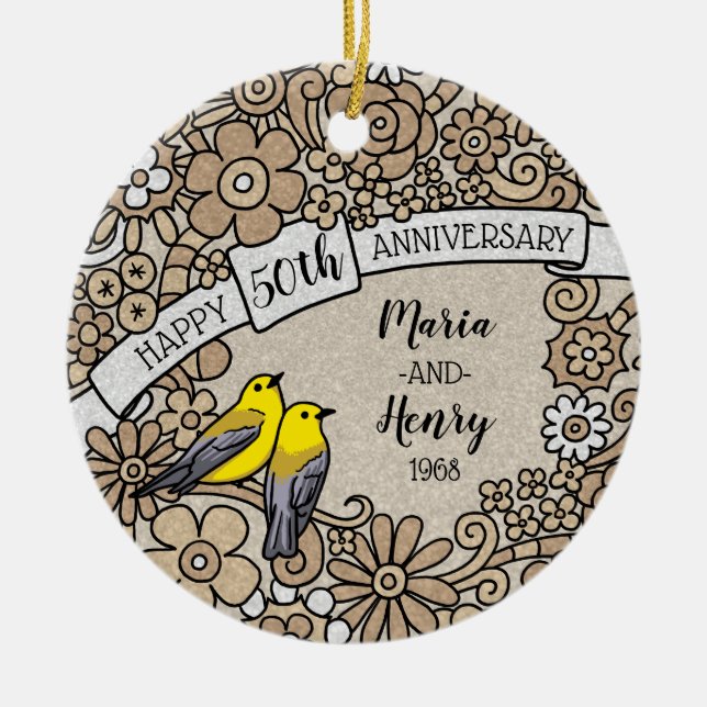 Personalised 50th Anniversary, Gold Floral Birds Ceramic Ornament (Front)