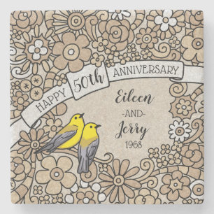 Personalised 50th Anniversary, Gold Floral Birds Stone Coaster