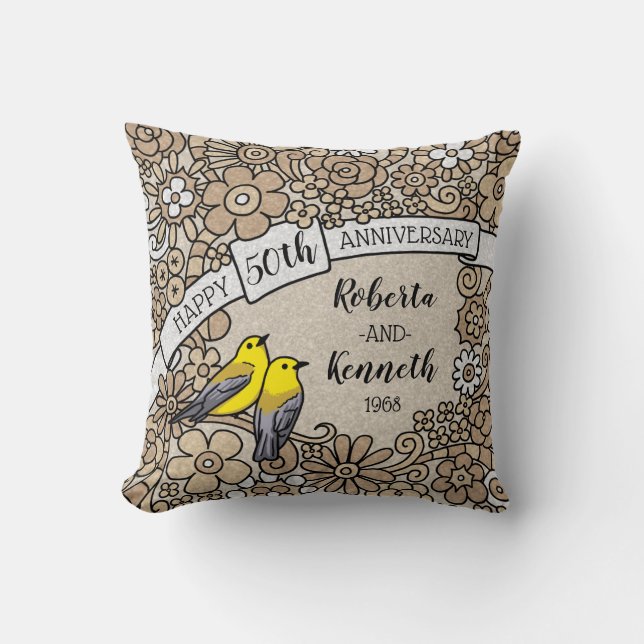 Personalised 50th Anniversary, Golden Floral Birds Cushion (Front)