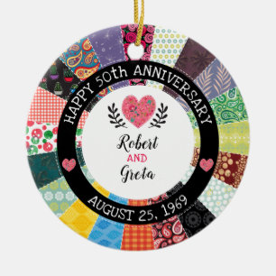 Personalised 50th Anniversary, Patchwork Quilt Ceramic Ornament