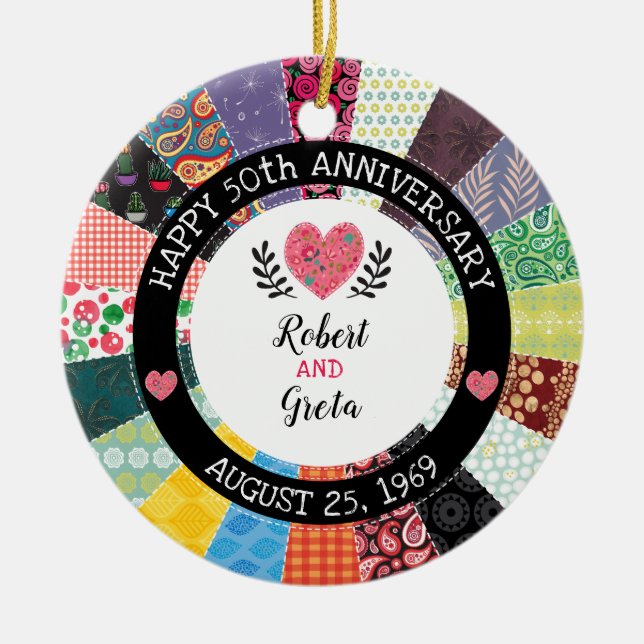 Personalised 50th Anniversary, Patchwork Quilt Ceramic Ornament (Front)