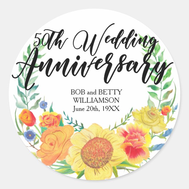 Personalised 50th Anniversary Yellow Floral Wreath Classic Round Sticker (Front)