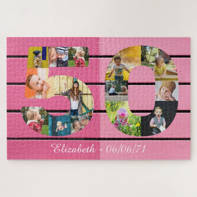 Personalised 50th Birthday 14 Photo Collage Pink Jigsaw Puzzle (Horizontal)