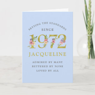 Personalised 50th Birthday 1972 Blue Gold Floral Card