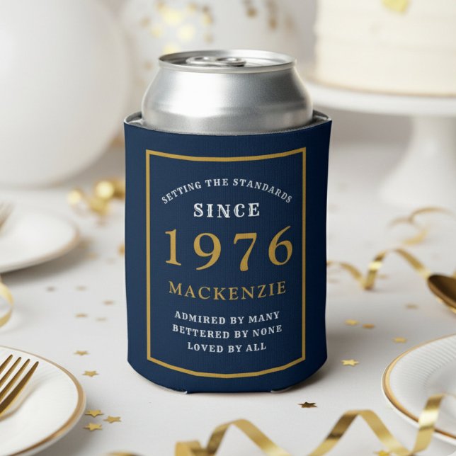 Personalised 50th Birthday 1976 Elegant Blue Gold Can Cooler (1976 blue can cooler. White background.)