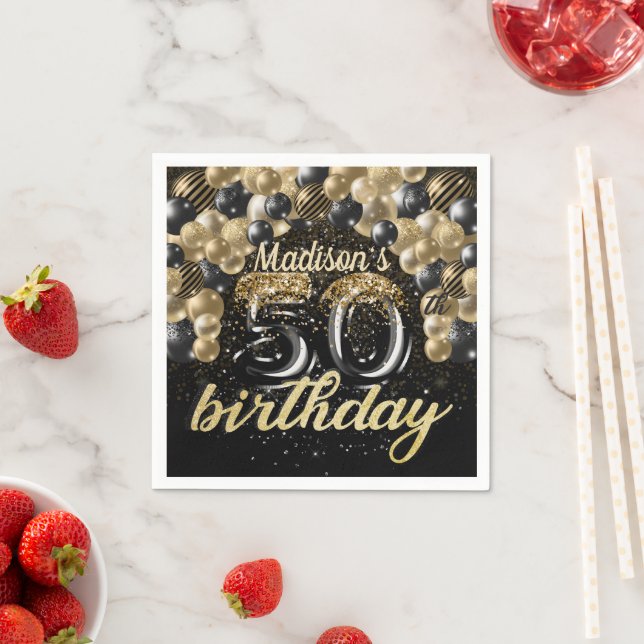 Personalised 50th Birthday Black Gold Balloon Napkin (Insitu)