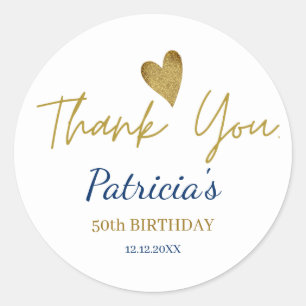 Personalised 50th Birthday Blue Gold Thank You  Classic Round Sticker