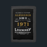 Personalised 50th Birthday Born 1971 Vintage Black Trifold Wallet<br><div class="desc">A personalised wallet for that birthday gentleman born in 1971 and turning 50. Add the name to this vintage retro style black, white and gold design for a custom 50th birthday gift. Easily edit the name and year with the template provided. A wonderful custom black birthday gift. More gifts and...</div>