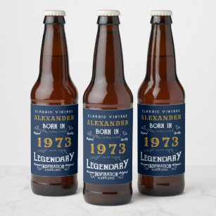 Personalised 50th Birthday Born 1973 Vintage Blue Beer Bottle Label