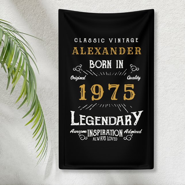 Personalised 50th Birthday Born 1975 Vintage Black Banner (Personalized 50th birthday party banner hanging on a wall)
