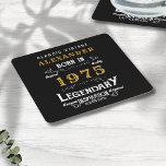Personalised 50th Birthday Born 1975 Vintage Black Square Paper Coaster<br><div class="desc">A personalised classic paper coaster design for that birthday celebration for somebody born in 1975 and turning 50. Add the name to this vintage retro style black, white and gold design for a custom 50th birthday gift. Easily edit the name and year with the template provided. A wonderful custom black...</div>