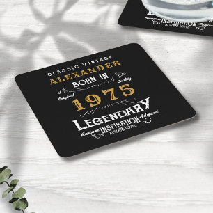 Personalised 50th Birthday Born 1975 Vintage Black Square Paper Coaster