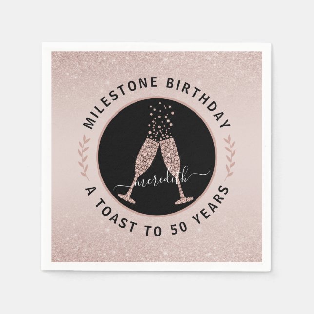 Personalised 50th Birthday Glitter Champagne Toast Napkin (Front)