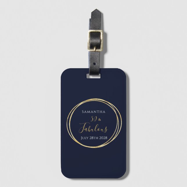 Personalised 50th Birthday Navy Gold Luggage Tag (Front Vertical)