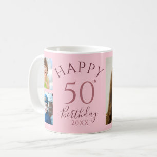 Personalised 50th Birthday Pink 5 Photo Collage   Coffee Mug
