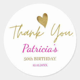 Personalised 50th Birthday Pink Gold Thank You Classic Round Sticker