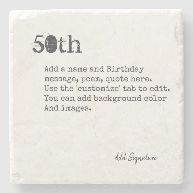 Personalised 50th Birthday Poem, Quote, Saying Stone Coaster (Front)