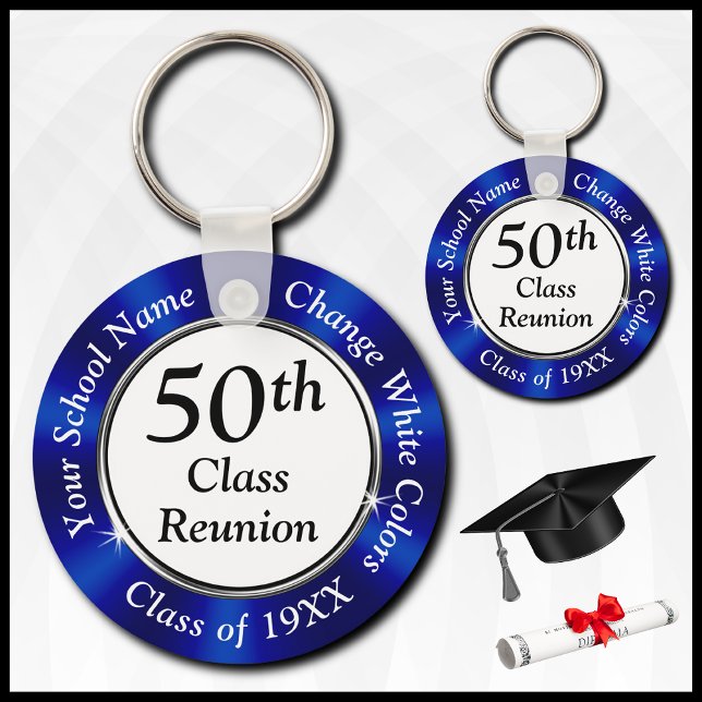 Personalised 50th Class Reunion Souvenirs, Blue Key Ring (Blue, White and Black, 50th Class Reunion Favors. 50th High School Reunion. Class of 1974 ideas.)