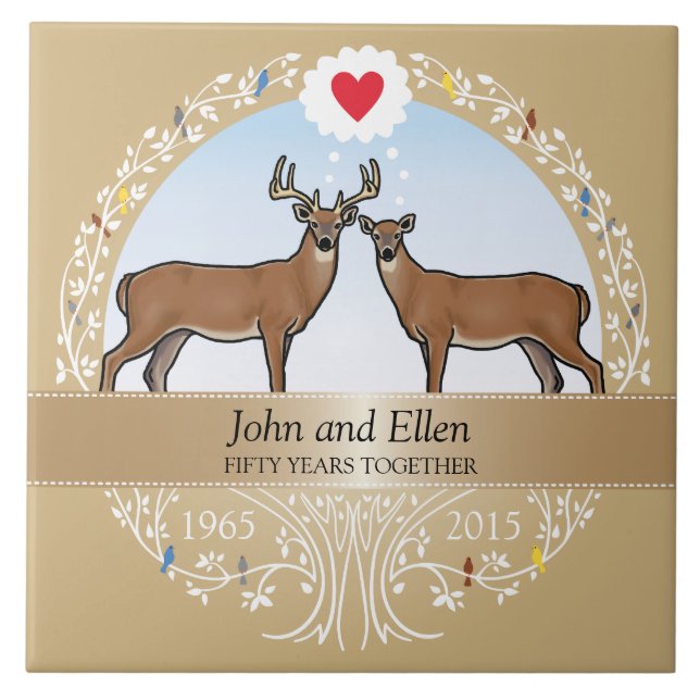 Personalised 50th Wedding Anniversary, Buck & Doe Ceramic Tile (Front)
