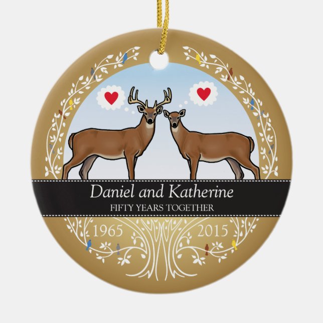 Personalised 50th Wedding Anniversary, Buck & Doe Ceramic Tree Decoration (Front)