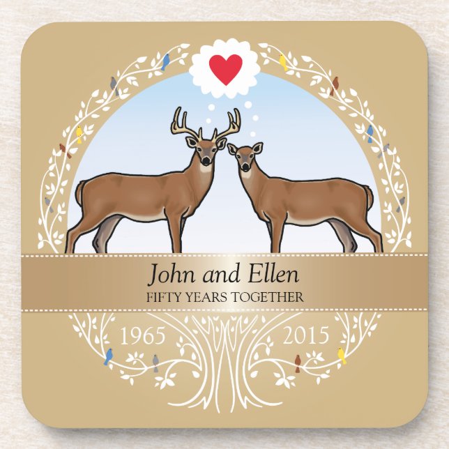 Personalised 50th Wedding Anniversary, Buck & Doe Coaster (Front)