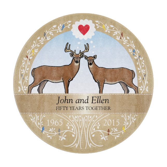 Personalised 50th Wedding Anniversary, Buck & Doe Cutting Board (Front)