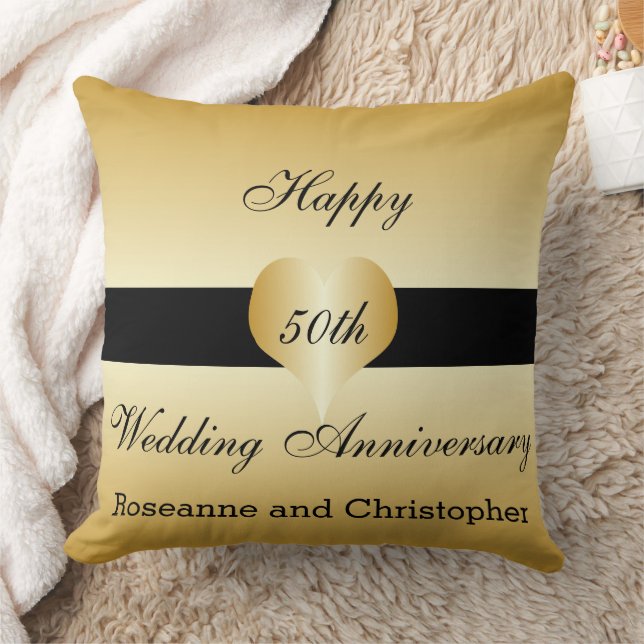 Personalised 50th Wedding Anniversary Gold Heart Cushion (Blanket)