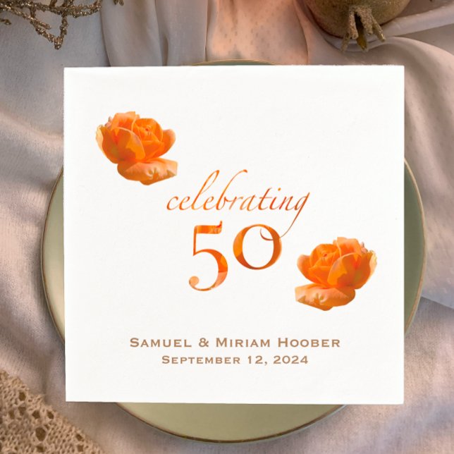 Personalised 50th wedding anniversary peach rose napkin (Personalized unique elegant peach rose napkins for 50th golden anniversary party with couples names.)