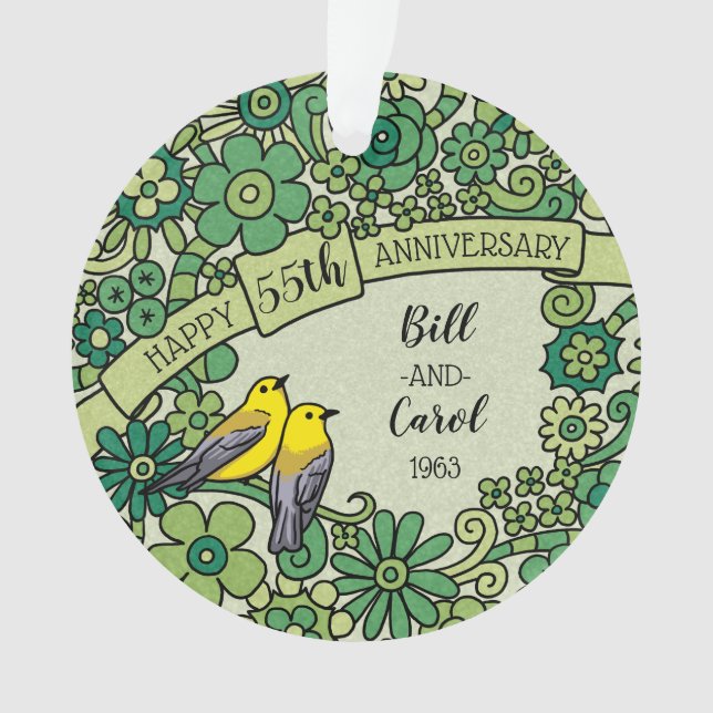 Personalised 55th Anniversary Emerald Floral Birds Ornament (Front)