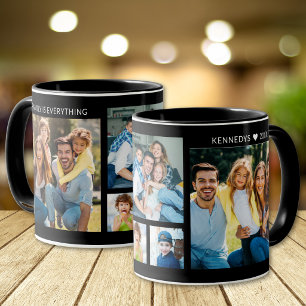 Personalised 5 Photo Collage Family Name Black Mug
