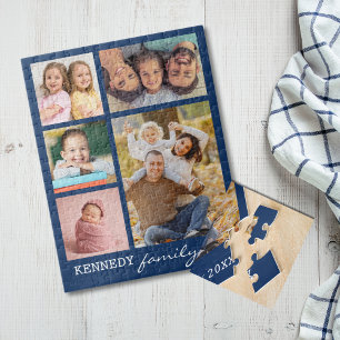 Personalised 5 Photo Collage Family Name Blue Jigsaw Puzzle