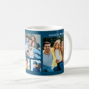 Personalised 5 Photo Collage Family Name Oean Blue Coffee Mug