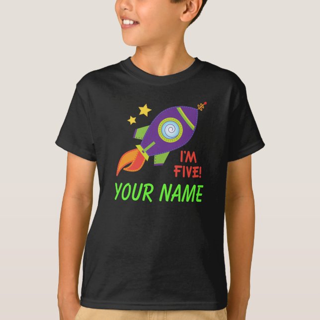 Personalised 5th Birthday Rocketship Tee Shirt (Front)