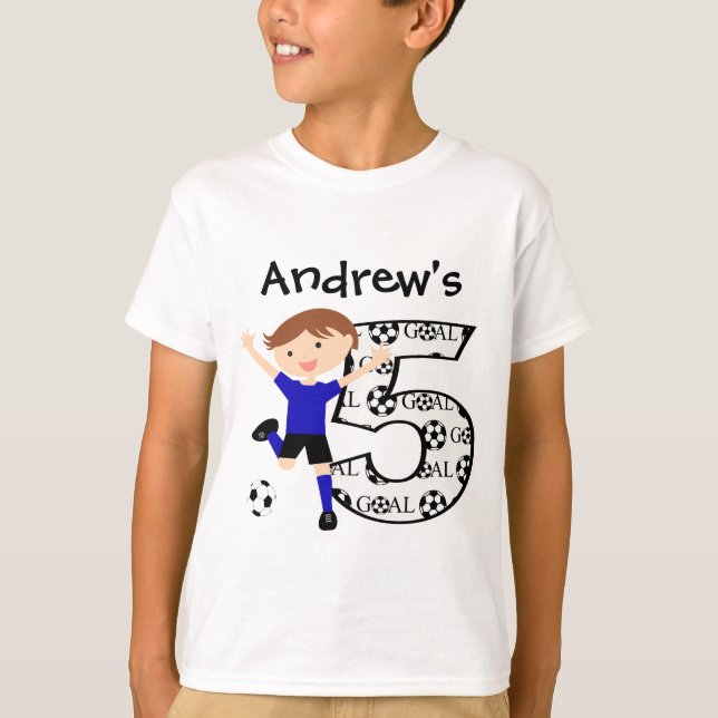 Personalised  5th Birthday Soccer Blue and Black T-Shirt (Front)